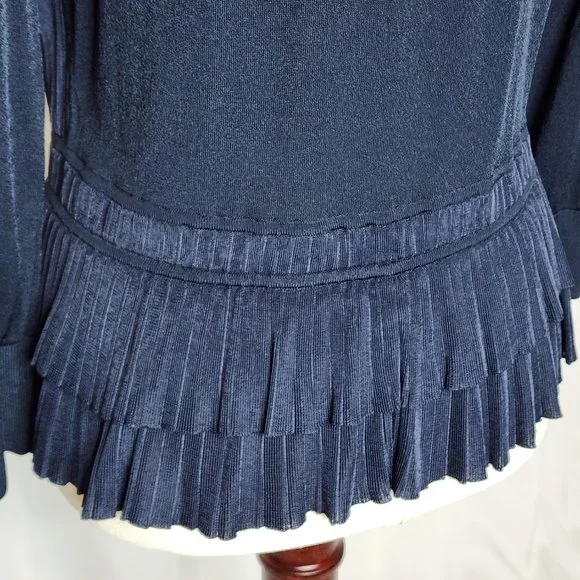 Oscar de la Renta Navy Button Front Ruffle Hem Cardigan Size: L - Picture 12 of 16